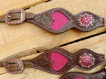 MOUSM Valentine’s Special Western Leather Headstall and Breast Collar Set – Decorated with Heart Cutouts, Pink Glitter Inlay &amp; Dual-Color Fringe