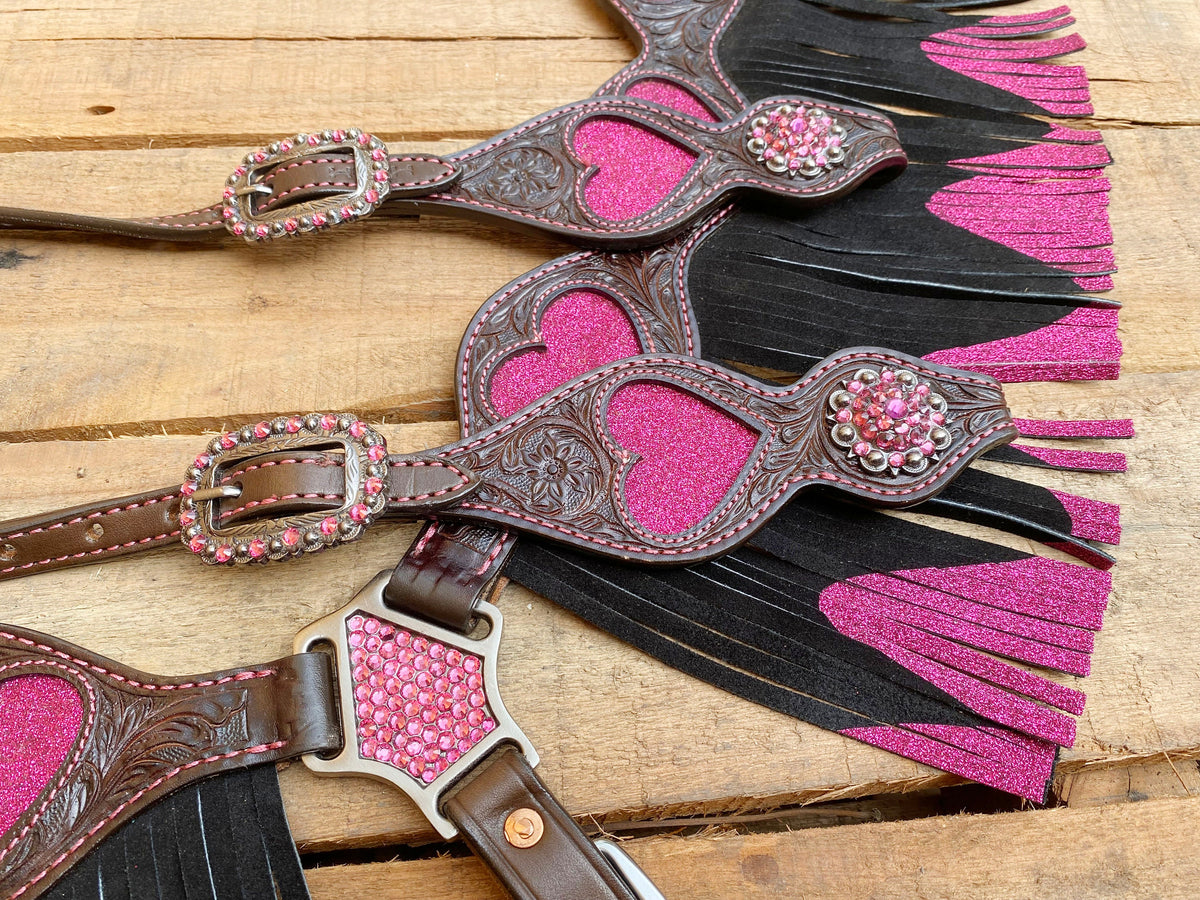 Pink Heart Cutouts &amp; Fringe Headstall Tack Set