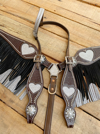 Valentine Day Western Leather Headstall and Breast Collar tack Set for the horse, Western headstall silver glittered heart &amp; basket , fringe