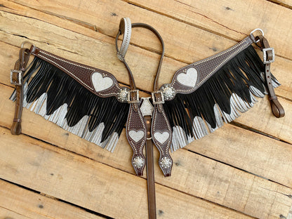 Valentine Day Western Leather Headstall and Breast Collar tack Set for the horse, Western headstall silver glittered heart &amp; basket , fringe
