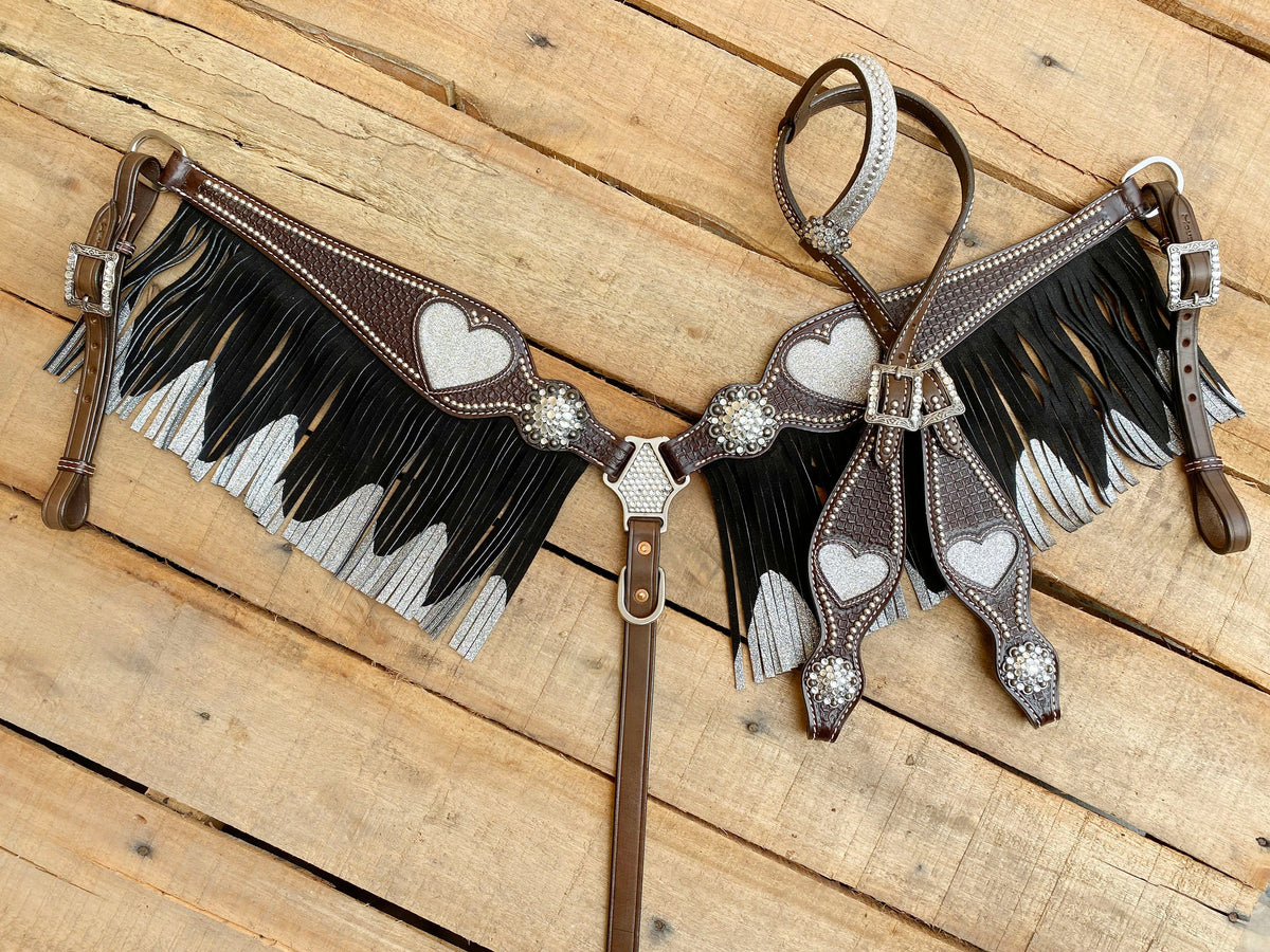Silver Glittered Heart Cutouts with Fringe Headstall Tack Set