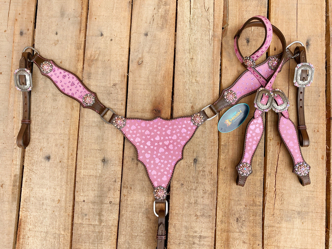 MOUSM Valentine’s Day Western Leather Headstall and Breast Collar Set – Printed Pink Heart Patch &amp; Rhinestone Concho