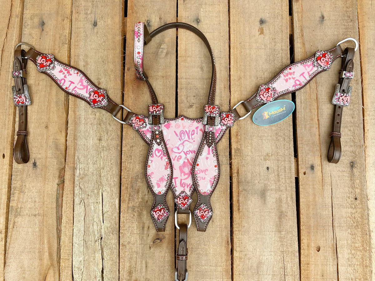 "I Love You" Heart Patch with Silver Studs Headstall Tack Set