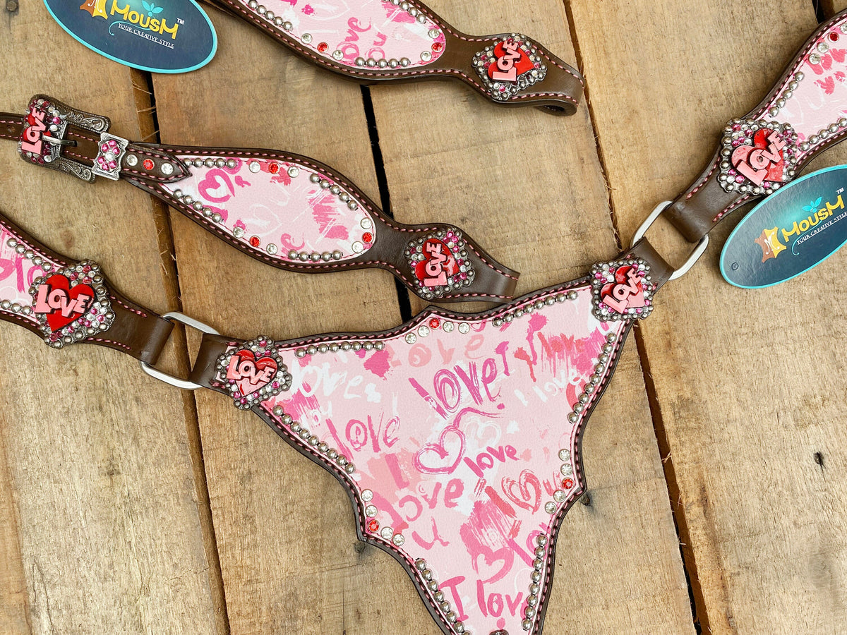 "I Love You" Heart Patch with Silver Studs Headstall Tack Set