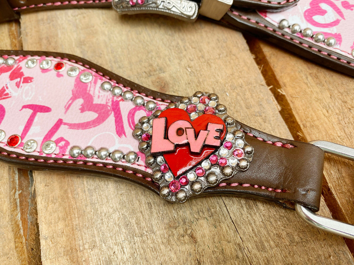 "I Love You" Heart Patch with Silver Studs Headstall Tack Set