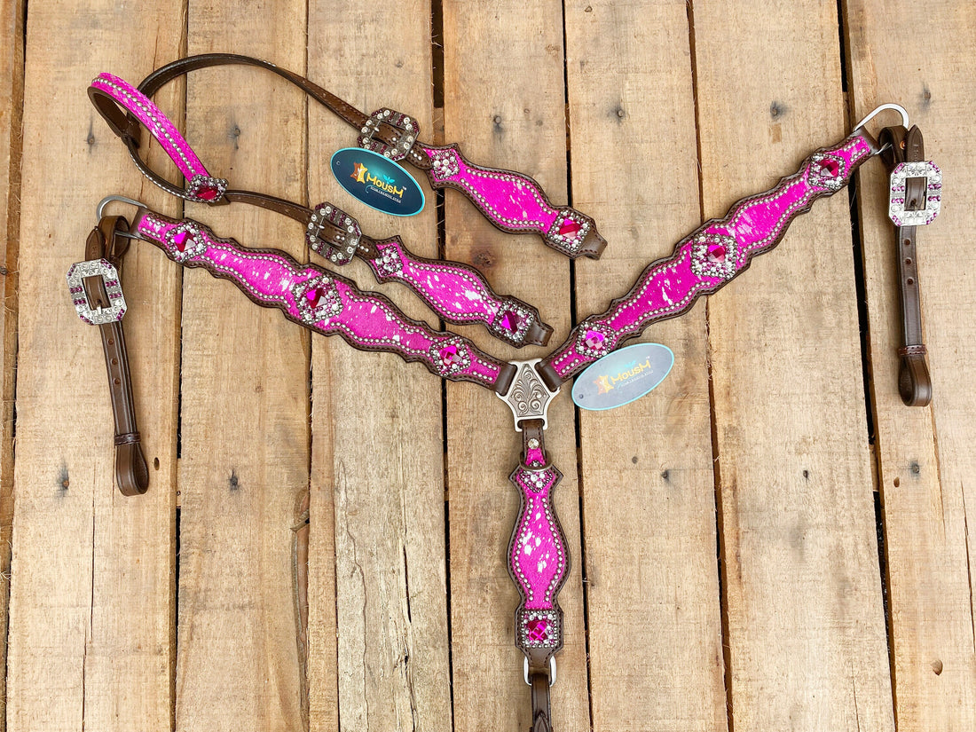 MOUSM Valentine Day Western Leather Headstall and Breast Collar Set – Pink Silver Metallic Acid Wash Cowhide with Rhinestones