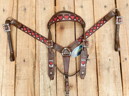 MOUSM Valentine Day Western Leather Headstall and Breast Collar Set – Red Heart Shapes with Engraved Ends with Rhinestones