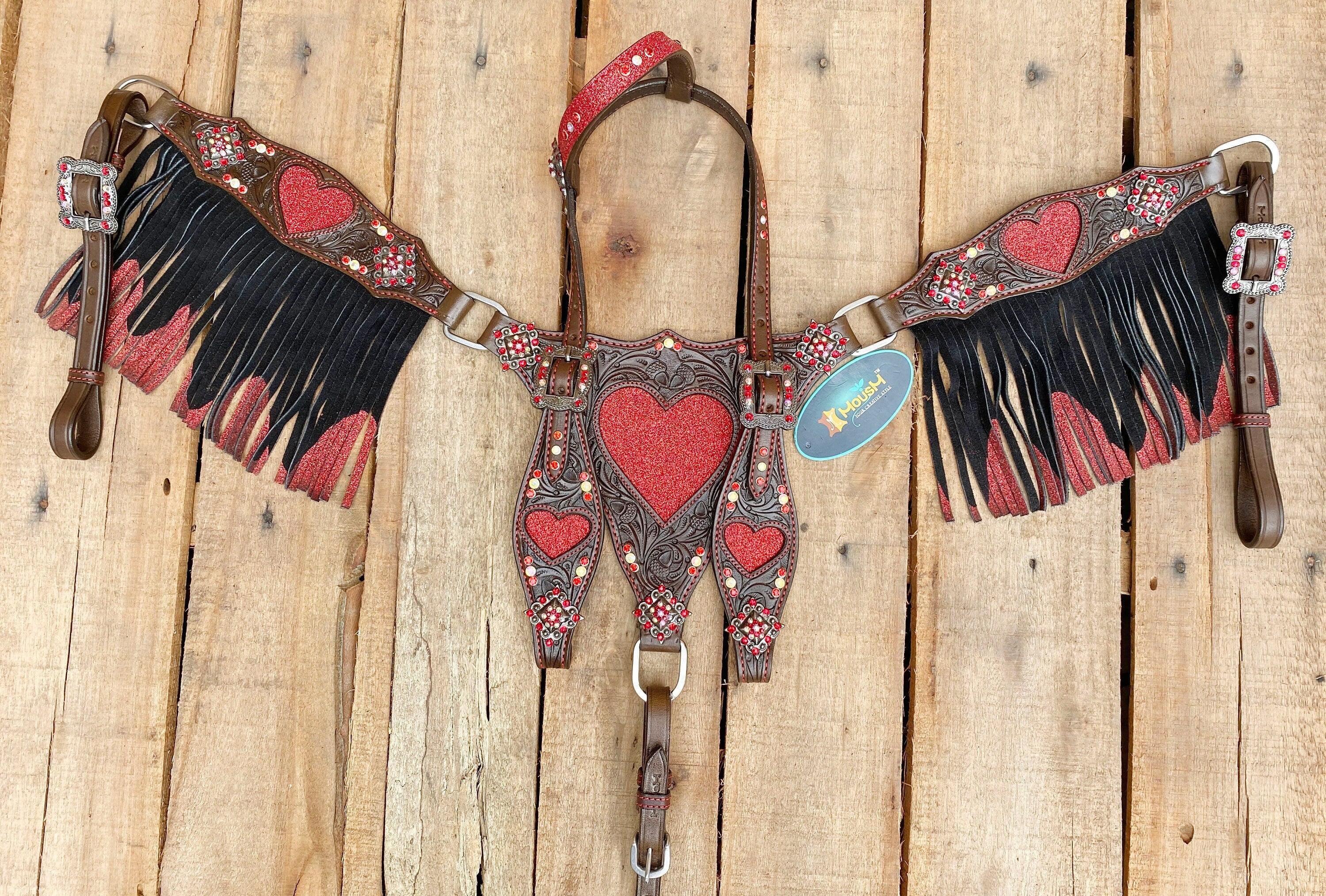 Valentine Day Western Leather Headstall and Breast Collar tack Set for the horse, Western headstall read heart cut patch with  stone &amp;fringe