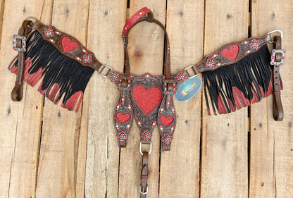 Valentine Day Western Leather Headstall and Breast Collar tack Set for the horse, Western headstall read heart cut patch with  stone &amp;fringe