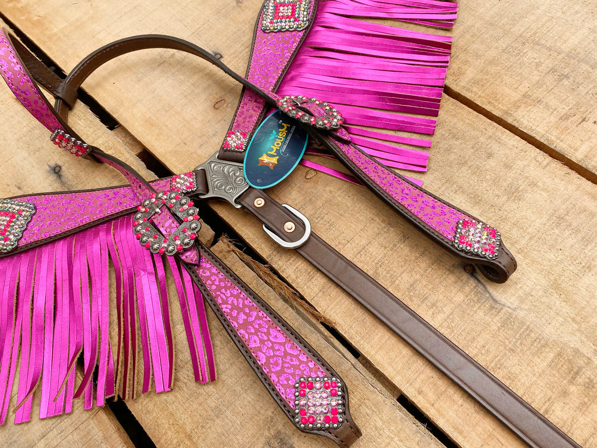 Pink Leopard Print and Fringe Headstall &amp; Breast Collar Tack Set