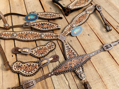 Western Leather Headstall and Breast Collar tack Set for the horse, Western headstall tooled flower and around bids and concho MOUSM