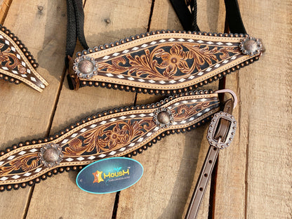 Western Leather Headstall and Breast Collar tack Set for the horse, Western headstall tooled flower and around bids and concho MOUSM
