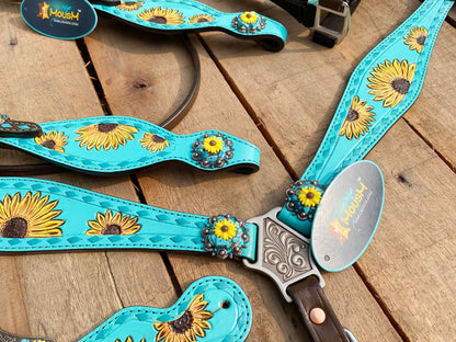 Valentine Day Western Leather Headstall and Breast Collar tack Set for the horse, Western headstall tooled sunflower concho turquoise MOUSM