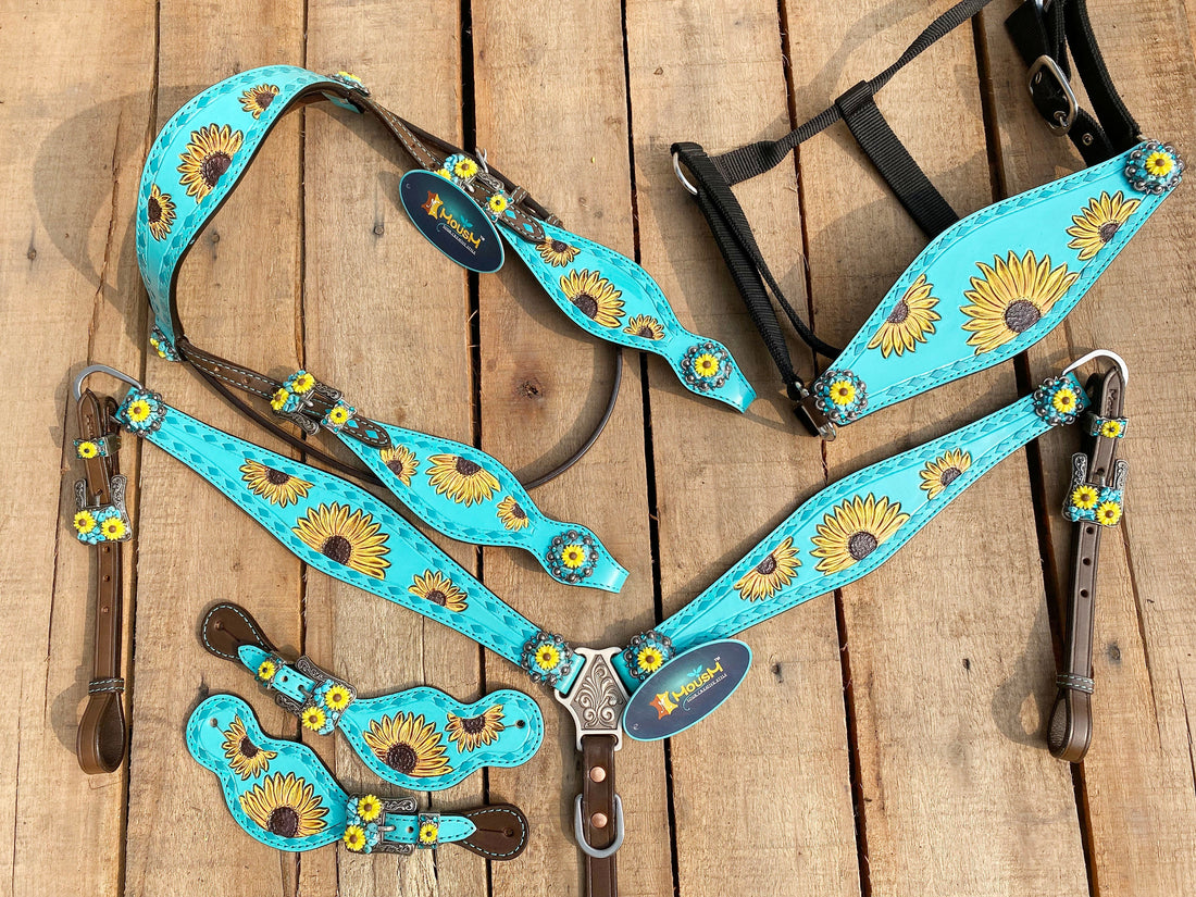 MOUSM Western Horse Tack Collection – Western Bridles and Headstalls Decorated Hand-Tooled Sunflower &amp; Turquoise Concho Design