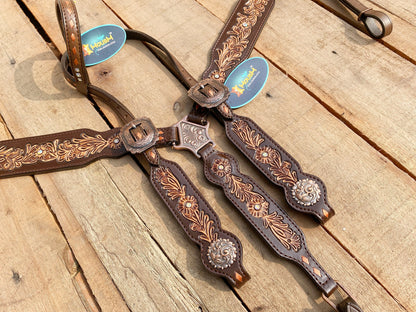 MOUSM Argentina Cow Leather Western Horse Tack Collection – Western Bridles and Headstalls Decorated with Flower Hand Craving Leaves, Beaded Accents &amp; Conchos