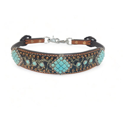 Wither Strap for horse. Wither Strap decorated with leopard metallic print copper studs and turquoise stone concho wither straps by MOUSM
