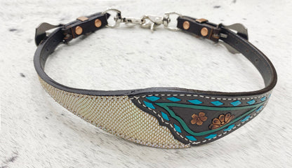 Wither Strap for horse. Wither Strap decorated with holographic snack print leather,turquoise buck stitch flower carving wither straps MOUSM