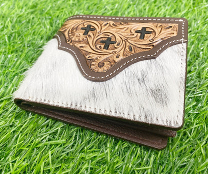 Wallet Western Mens Leather Wallet for Men Argentina cow leather with cross carving Antique finish wallet with black and white cowhide