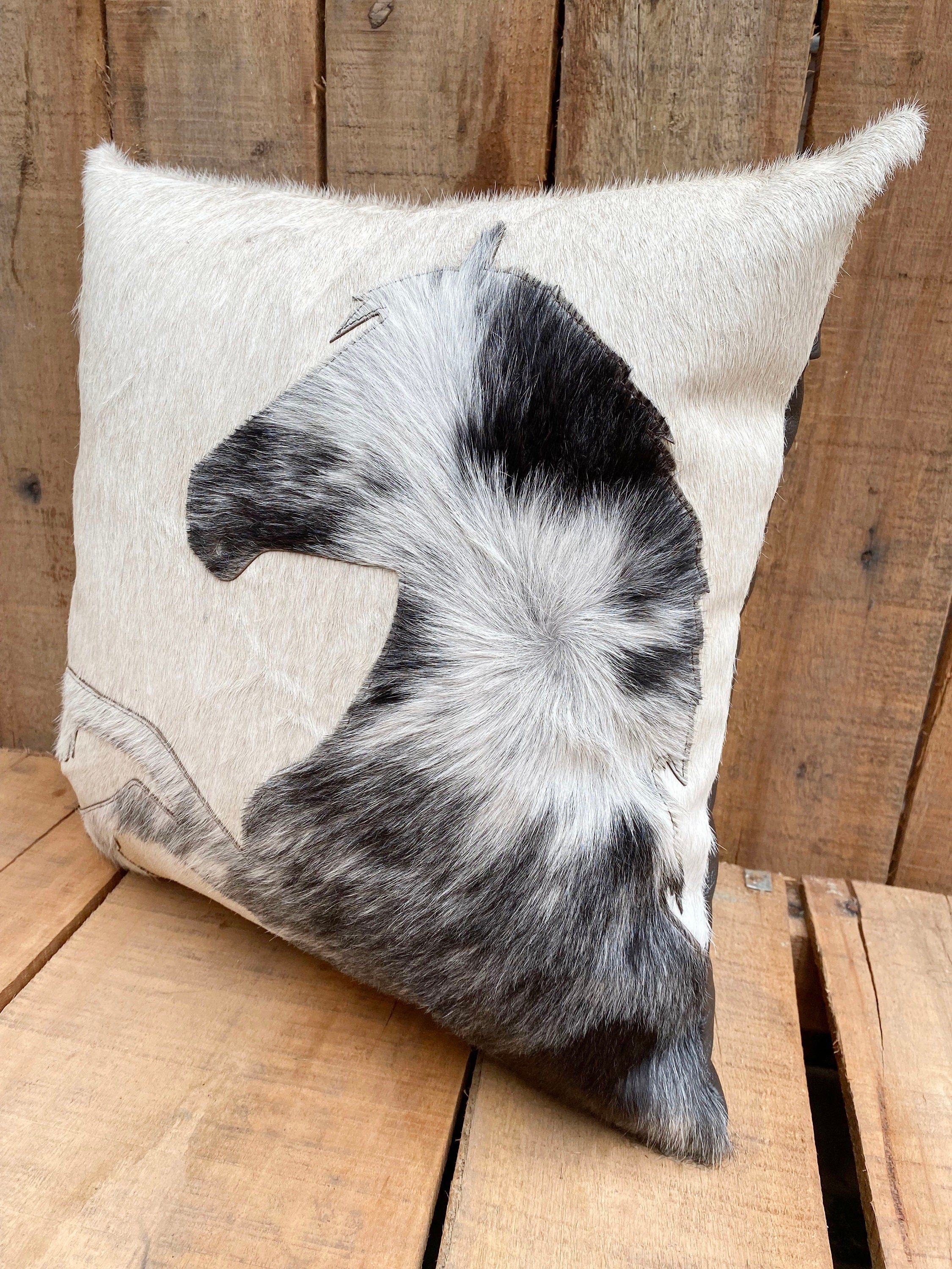 Leather pillow cover zippered couch cushion covers Leather engraved pillow cover Standing Horse Cowhide patch Pillow cover 18&quot; x 18&quot; Mousm