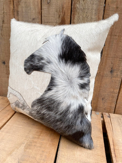 Leather pillow cover zippered couch cushion covers Leather engraved pillow cover Standing Horse Cowhide patch Pillow cover 18&quot; x 18&quot; Mousm