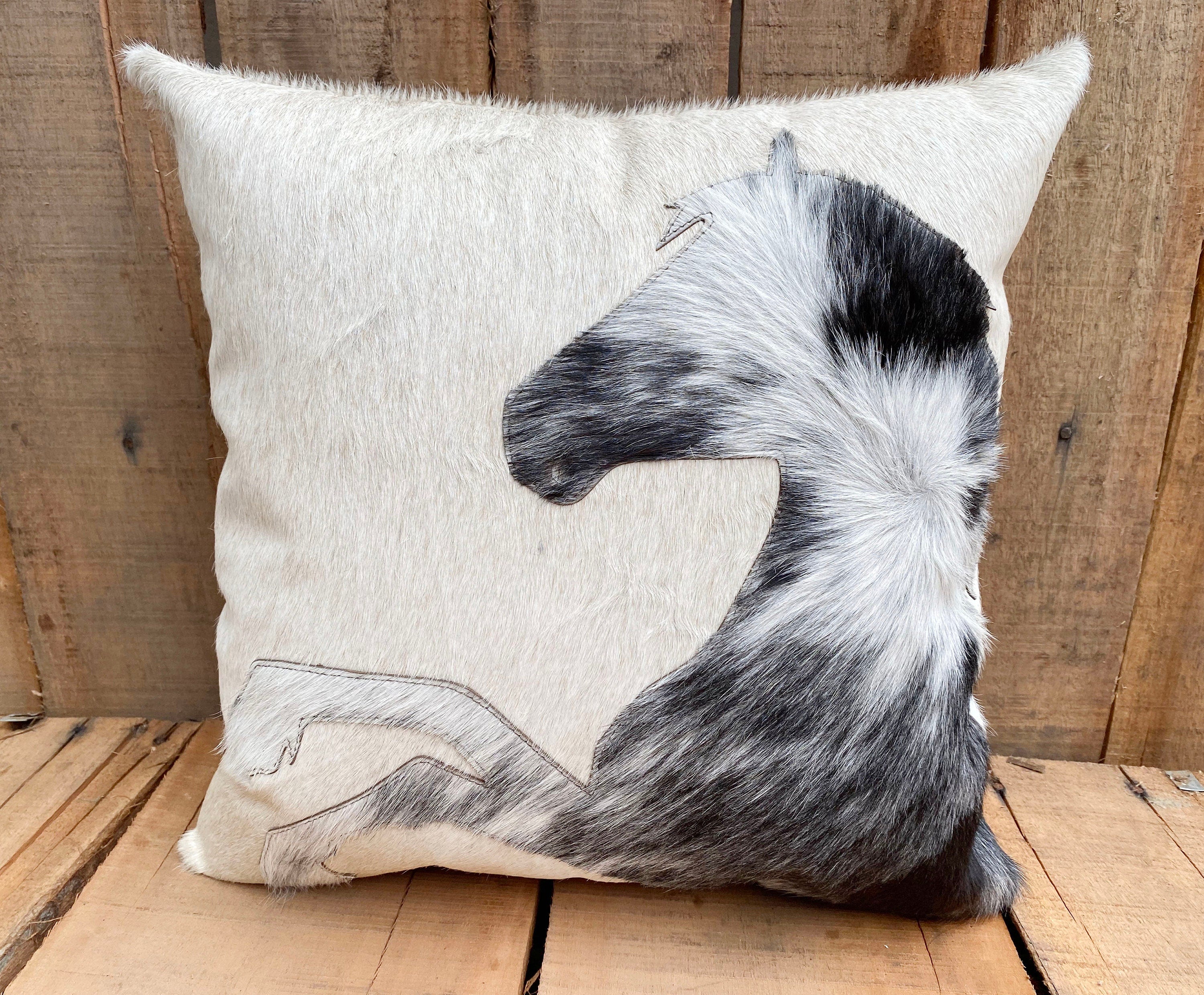Leather pillow cover zippered couch cushion covers Leather engraved pillow cover Standing Horse Cowhide patch Pillow cover 18&quot; x 18&quot; Mousm