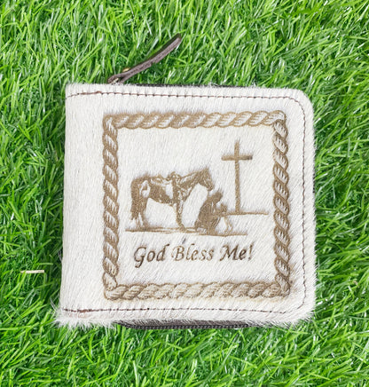 Wallet Western Mens Leather Wallet for Men White Real Cowhide with praying cowboy engraved wallet Full zipper closer Wallet by Mousm