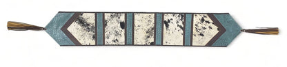 Cow Hide table runner Leather Table Runner white brown cow hide with leaser cut turquoise engraved leather patched real leather black fringe