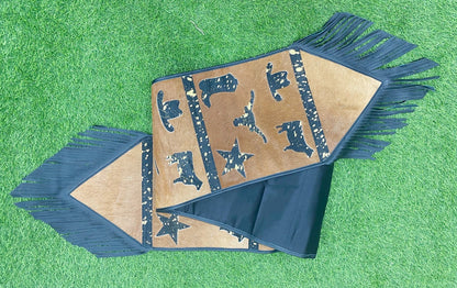Cow Hide table runner Leather Table runner brown acid wash design with leaser cut cow hide western design  related logos with black fringe