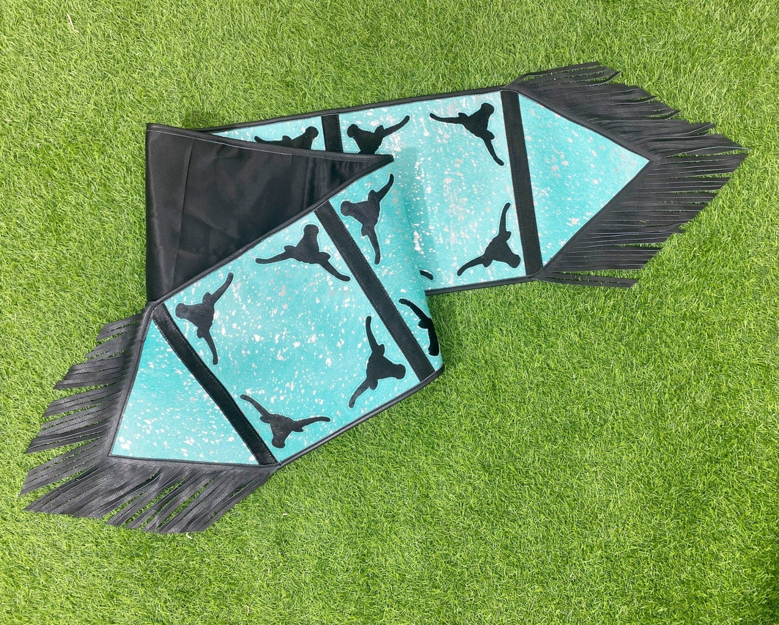 Cow Hide table runner Leather Table runner royal acid wash design with laser cut bull head cow hide patches with real black leather fringe