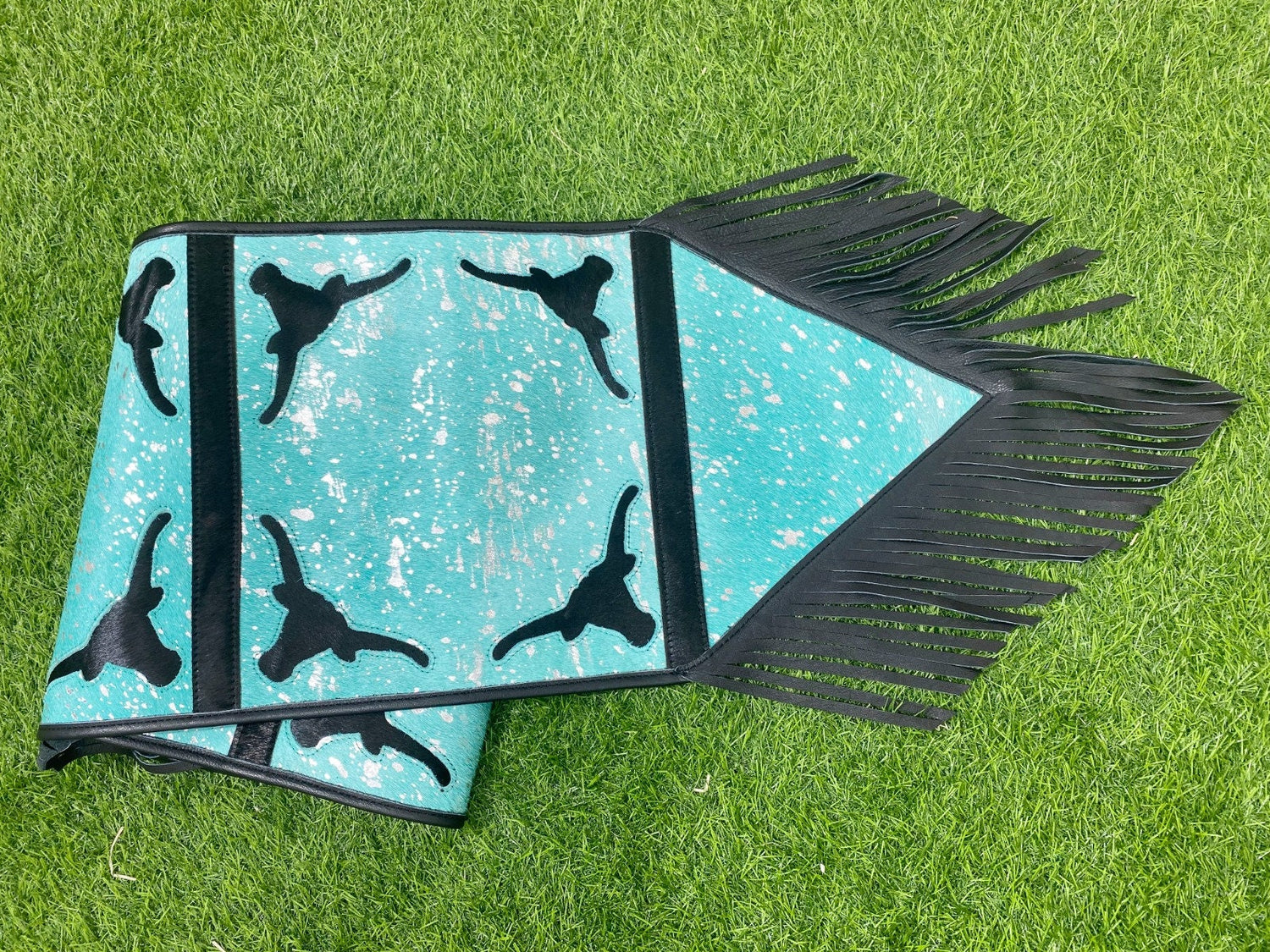 Cow Hide table runner Leather Table runner royal acid wash design with laser cut bull head cow hide patches with real black leather fringe
