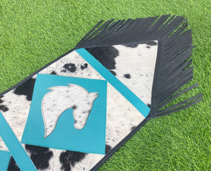 Cow Hide table runner Leather Table runner having cow decorated with acid wash turquoise diamond square patch having Horse face in between