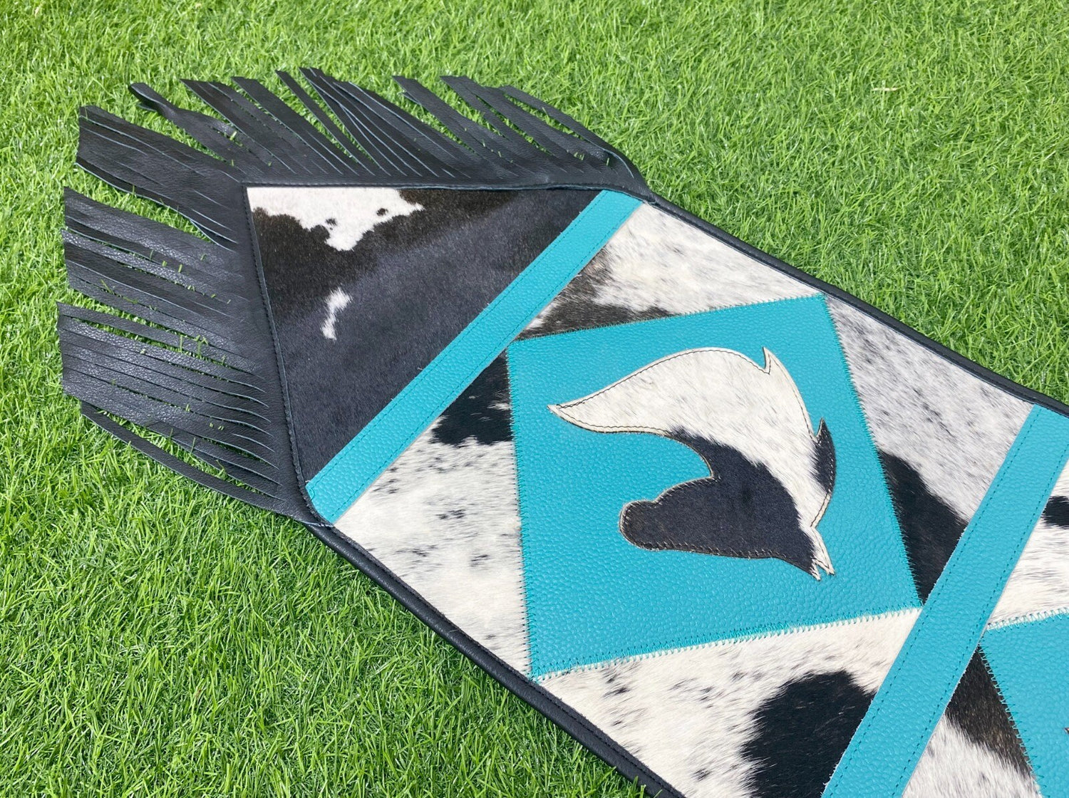 Cow Hide table runner Leather Table runner having cow decorated with acid wash turquoise diamond square patch having Horse face in between