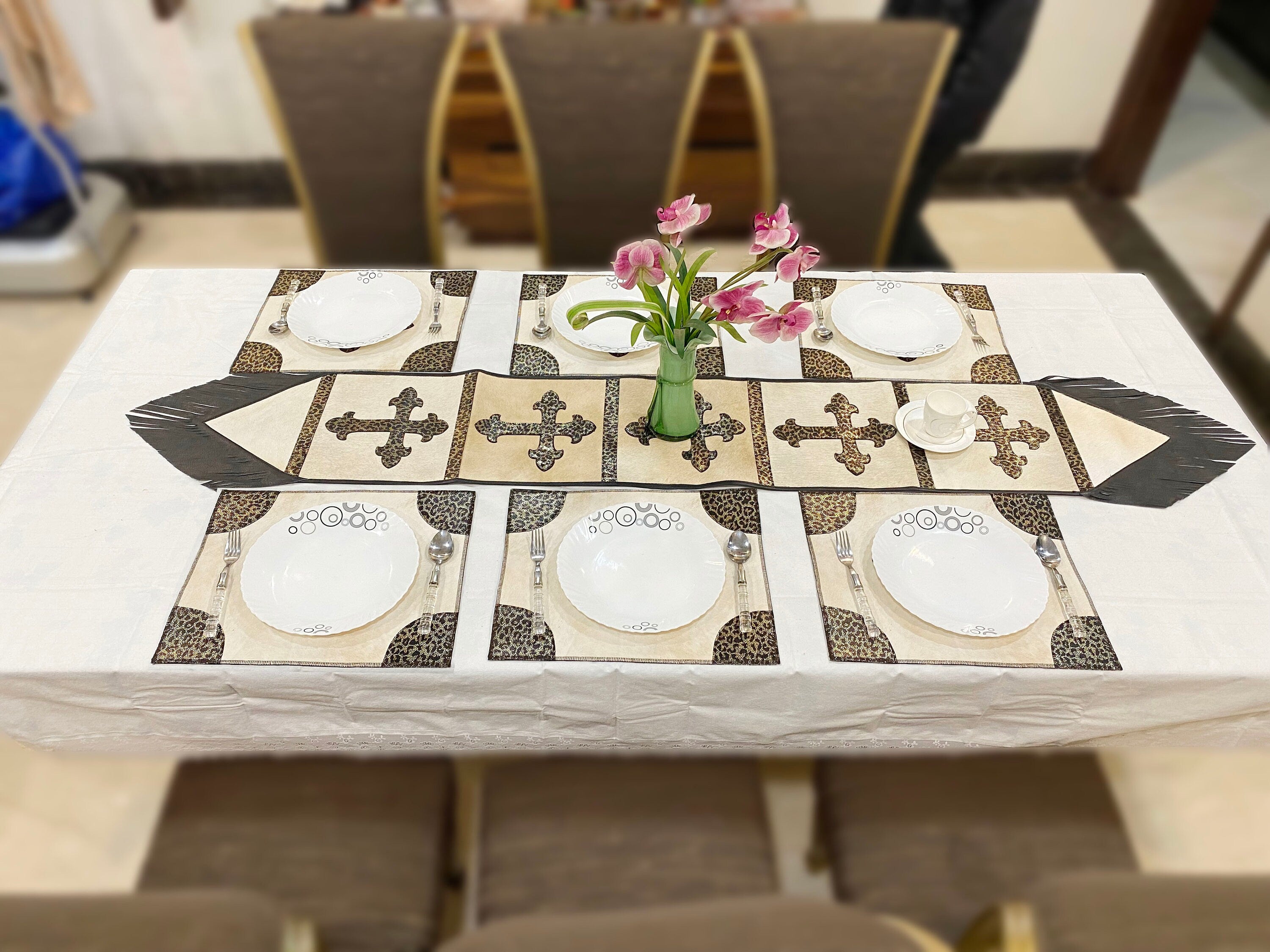 Cow Hide table runner Leather Table runner on acid wash cream color cowhide with the Crucifix or cross on leopard design patch in between