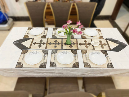 Cow Hide table runner Leather Table runner on acid wash cream color cowhide with the Crucifix or cross on leopard design patch in between
