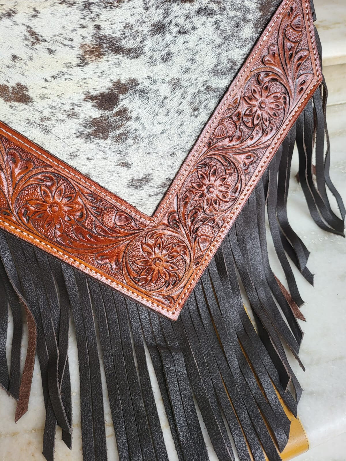 Cow Hide table runner Leather Table runner on real acid wash white brown cowhide with laser cut engraved and tooled real leather patch