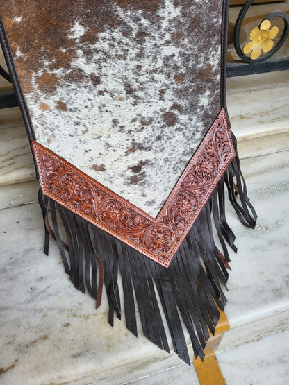 Cow Hide table runner Leather Table runner on real acid wash white brown cowhide with laser cut engraved and tooled real leather patch