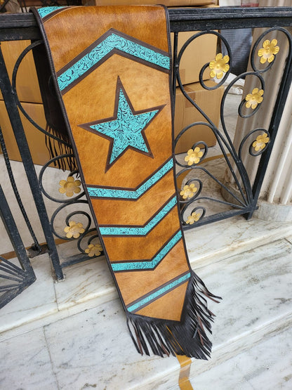 Cow Hide table runner Leather Table runner on real acid wash  brown cow hide decorated with laser cut turquois engraved real leather patch
