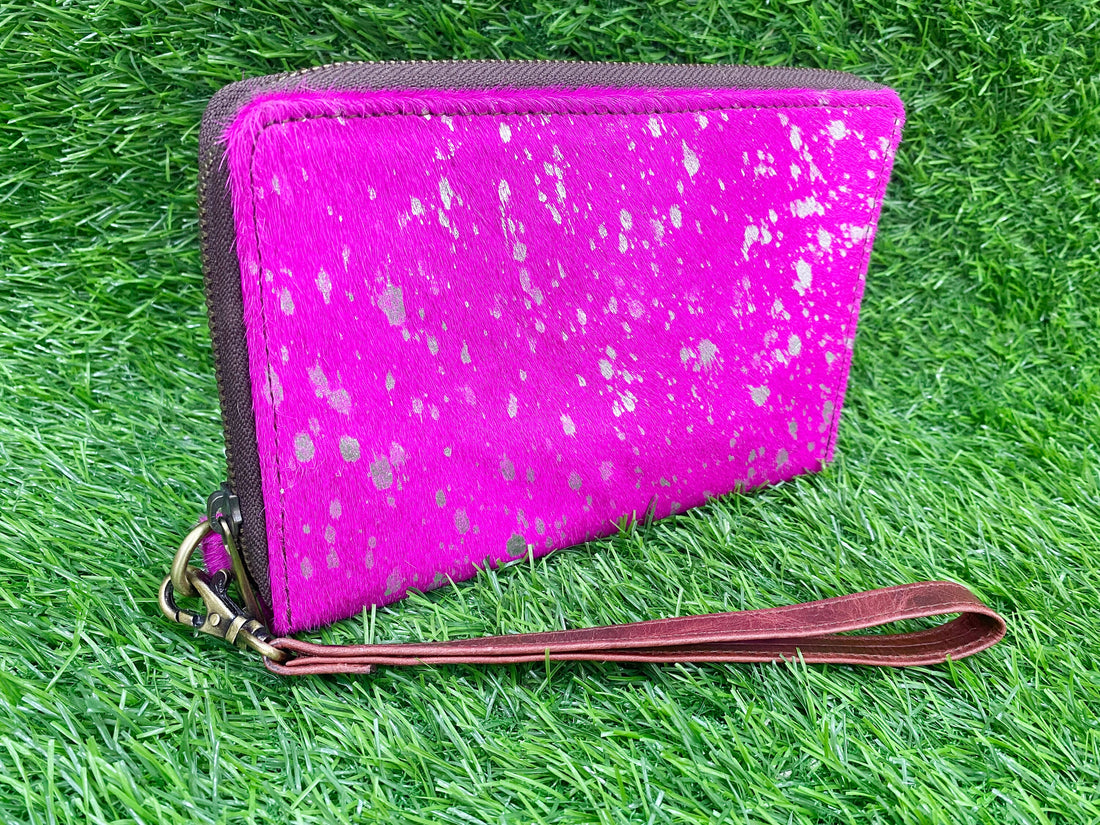 MOUSM Ladies Clutch Bag – Natural Cowhide with Pink Metallic Acid Wash, Handmade Leather Evening &amp; Party Clutch for Women with Zipper Closure