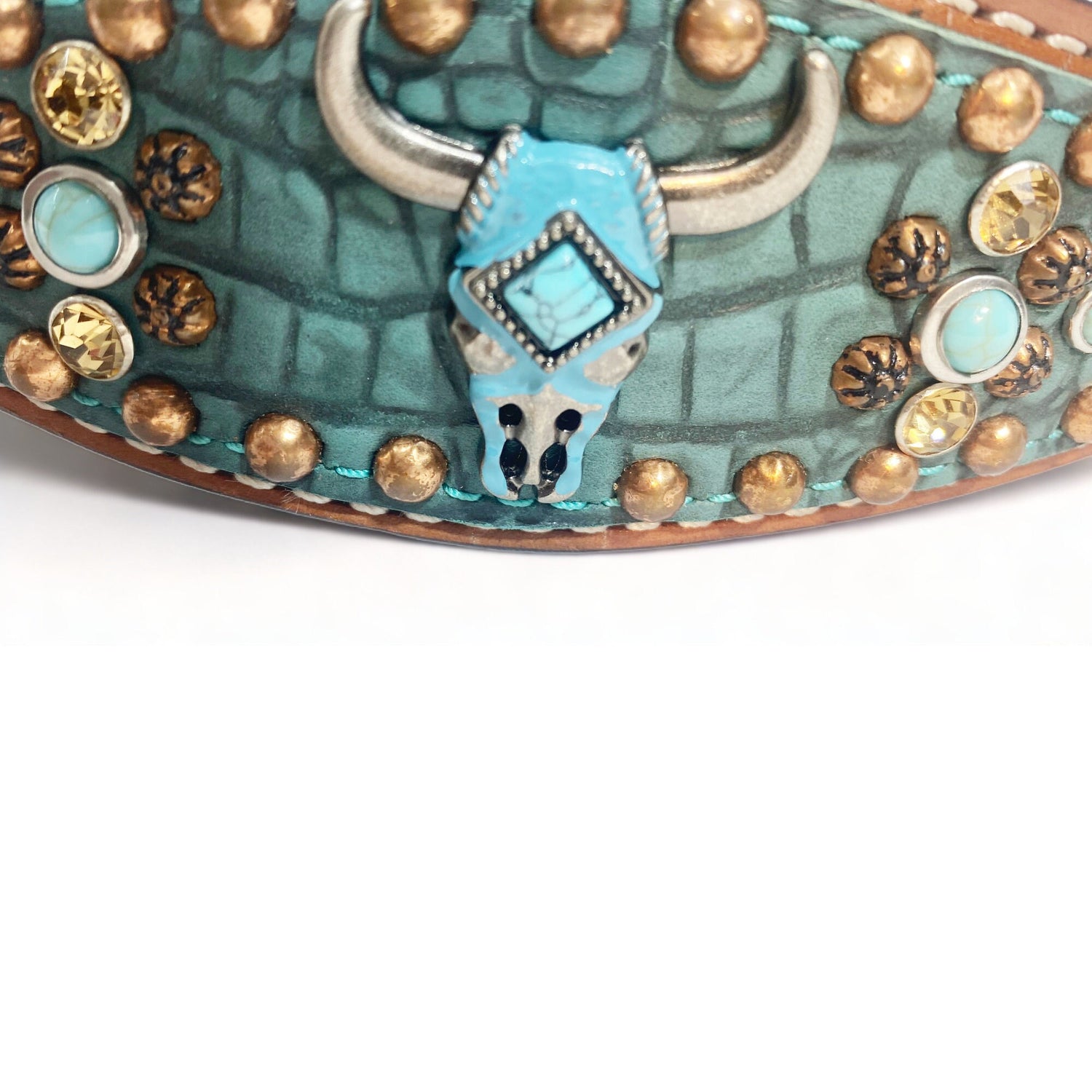 Wither Strap for horse. Leather Wither Strap Wither Strap decorated with Turquish alligator print copper studs and turquoise bullhead