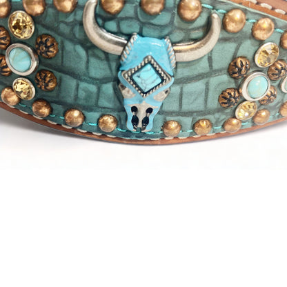 Wither Strap for horse. Leather Wither Strap Wither Strap decorated with Turquish alligator print copper studs and turquoise bullhead