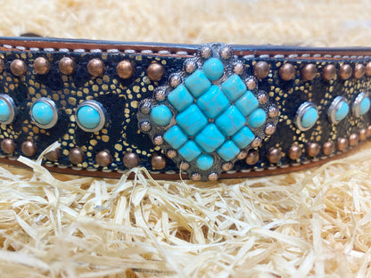 Wither Strap for horse. Wither Strap decorated with leopard metallic print copper studs and turquoise stone concho wither straps by MOUSM
