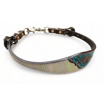 Wither Strap for horse. Wither Strap decorated with holographic snack print leather,turquoise buck stitch flower carving wither straps MOUSM