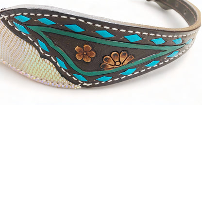 Wither Strap for horse. Wither Strap decorated with holographic snack print leather,turquoise buck stitch flower carving wither straps MOUSM