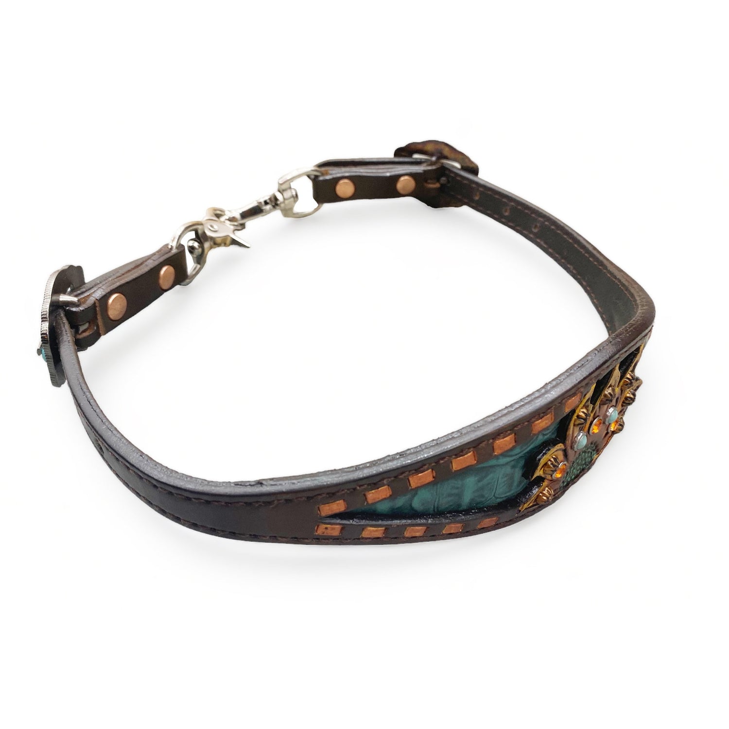 Wither Strap for horse. Leather Wither Strap decorated with copper buck stitching and sunflower carving with turquoise and orange ribbit