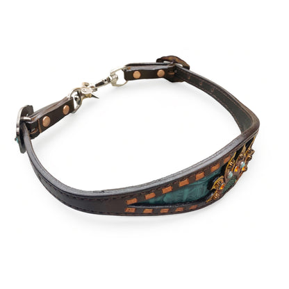 Wither Strap for horse. Leather Wither Strap decorated with copper buck stitching and sunflower carving with turquoise and orange ribbit