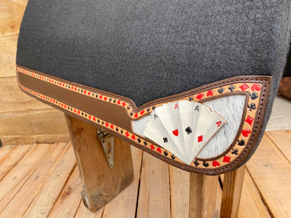 Saddle Pad for horses Western saddle pad reinforced spine hand painted Playing cards on decent brown leather inlay at the bottom of the pad