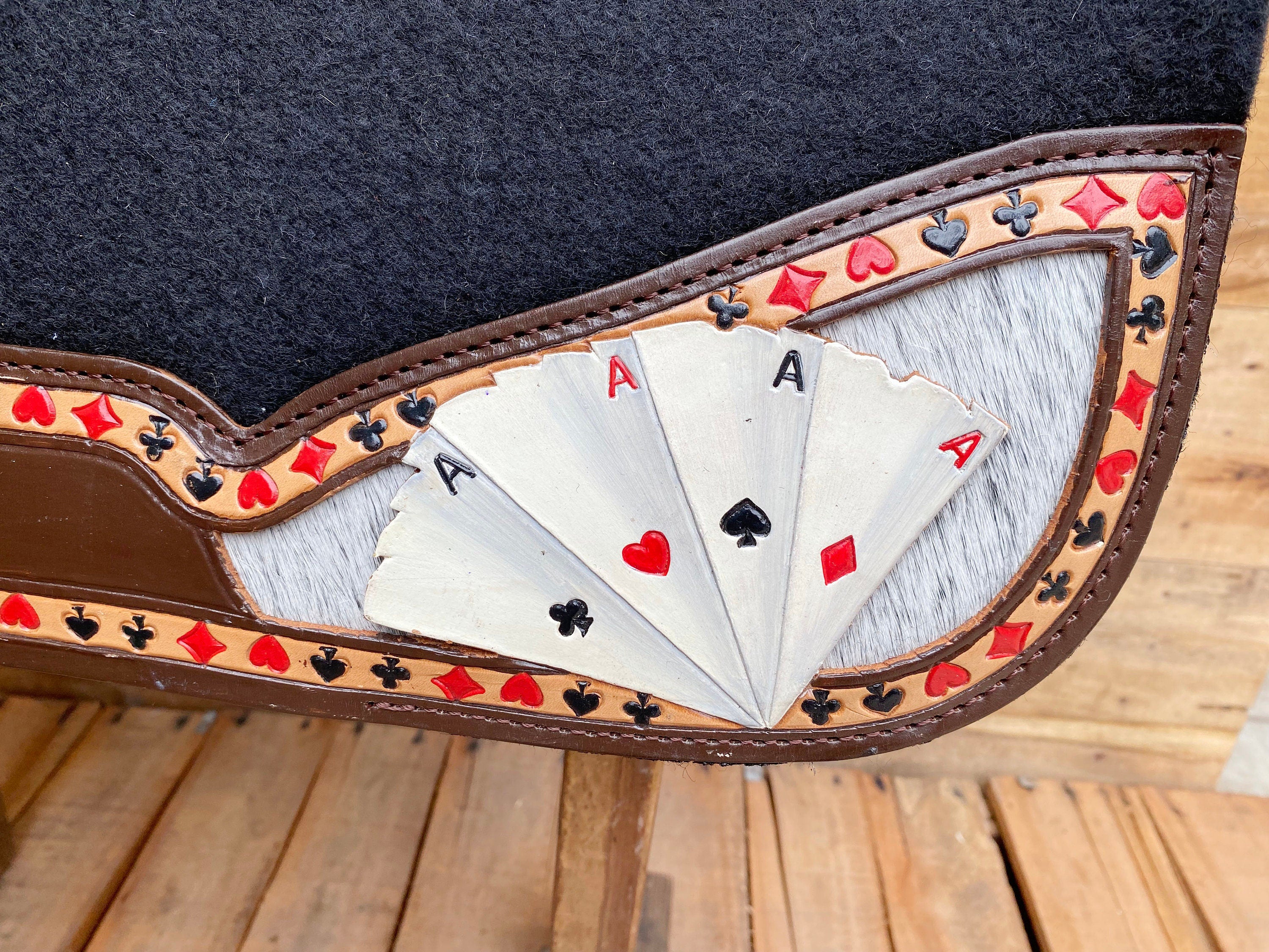 Saddle Pad for horses Western saddle pad reinforced spine hand painted Playing cards on decent brown leather inlay at the bottom of the pad