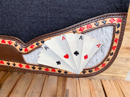 Saddle Pad for horses Western saddle pad reinforced spine hand painted Playing cards on decent brown leather inlay at the bottom of the pad