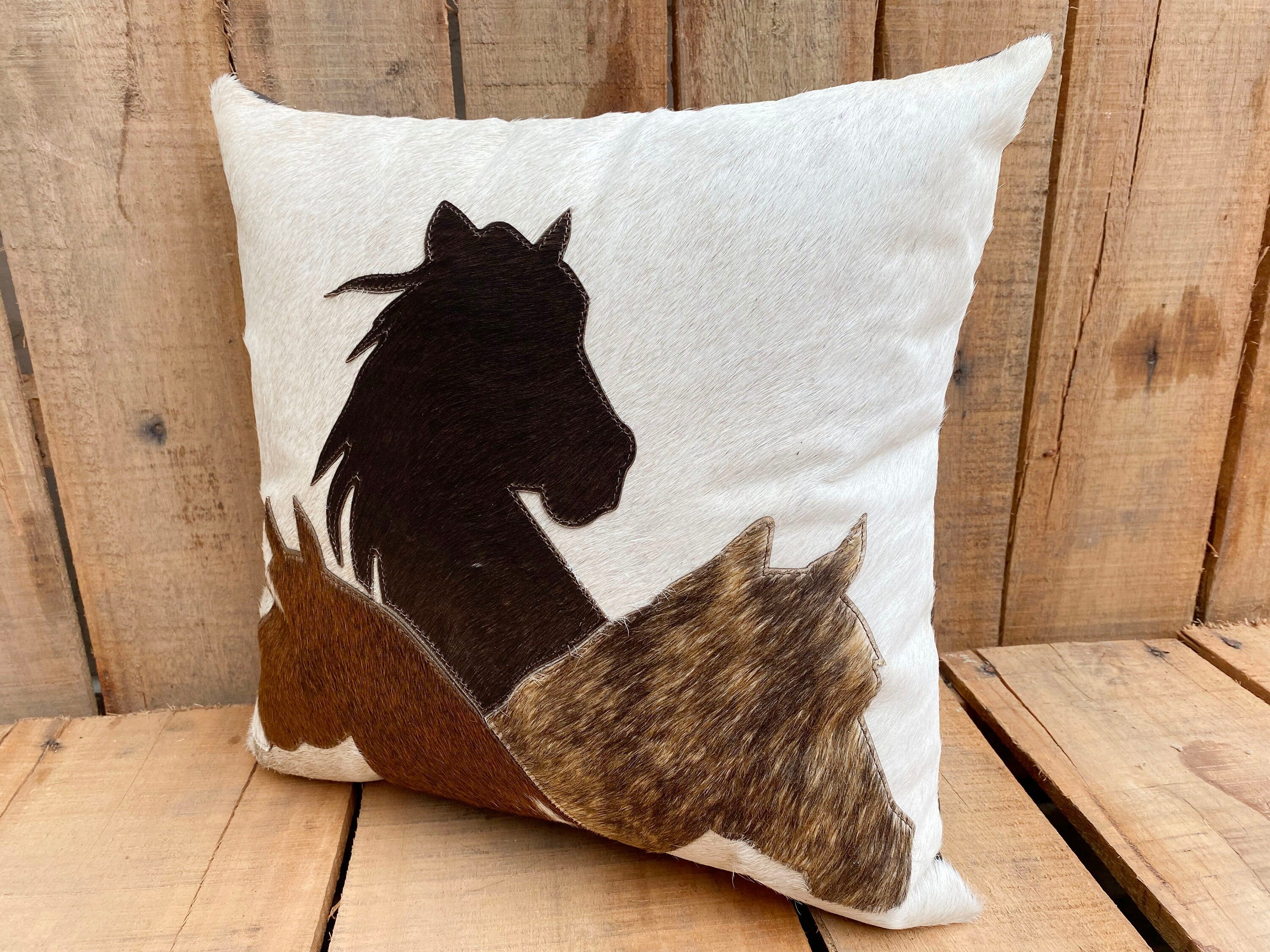 Leather pillow cover zippered couch cushion covers Leather engraved Horse family love view Patch western leather Pillow cover by Mousm