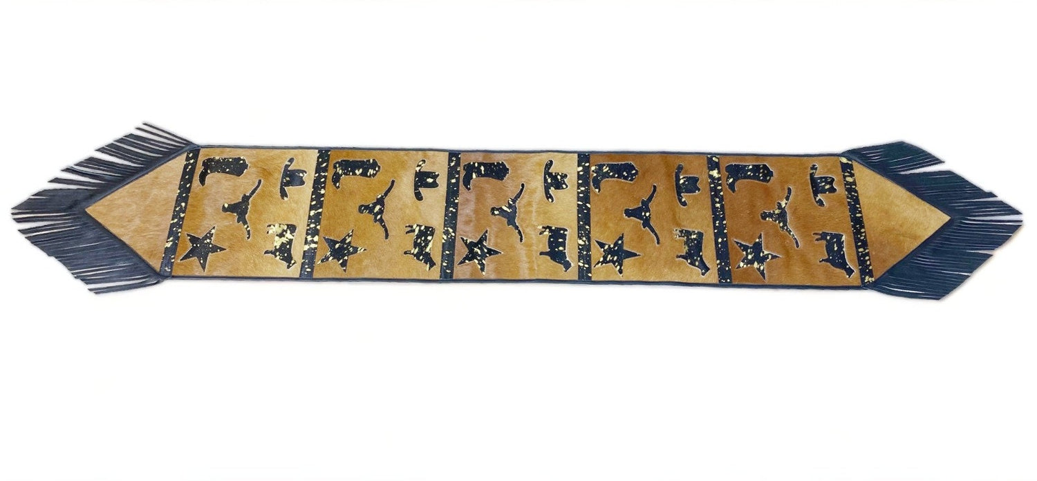 Cow Hide table runner Leather Table runner brown acid wash design with leaser cut cow hide western design  related logos with black fringe